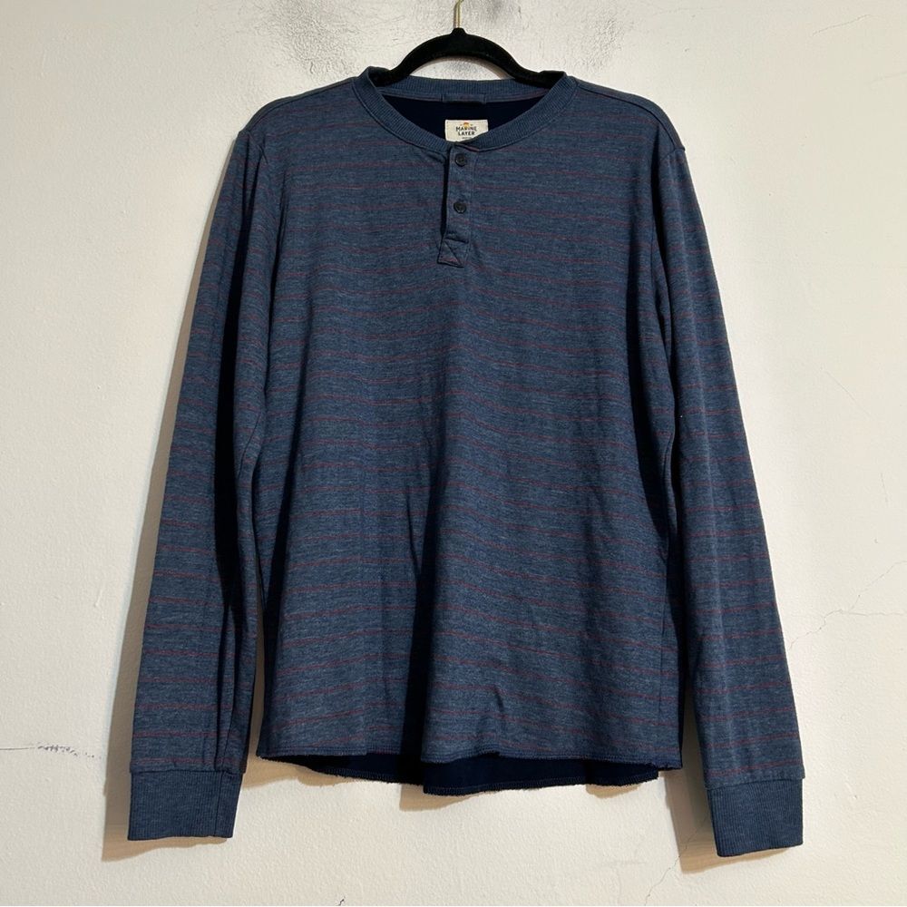 Marine Layer Men's Double Knit Henley Long Sleeve Tee Blue Striped Medium Casual